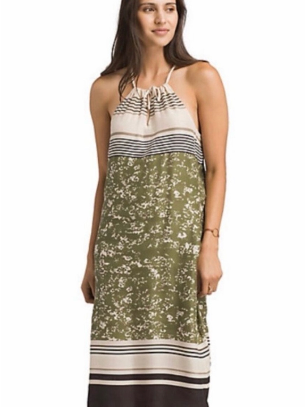 Prana Olive Green and Cream Striped Floral Halter Dress Size XL
